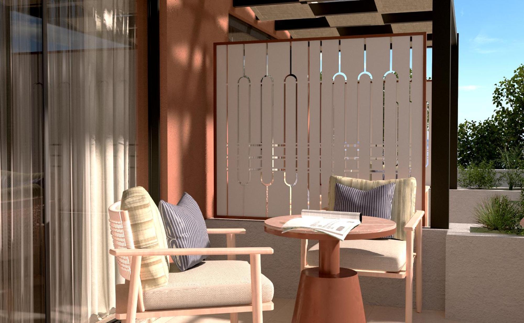 Sentido Apollo Palace Mesongí Eksteriør billede A 3D rendering of a balcony